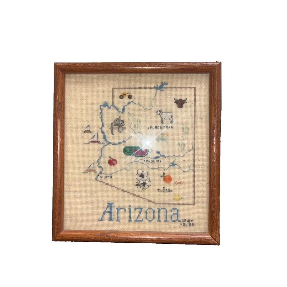 Vintage Arizona State Map Cross Stitch Framed Oak Signed 1988 Southwest Decor